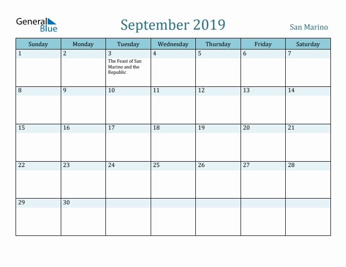 September 2019 Calendar with Holidays