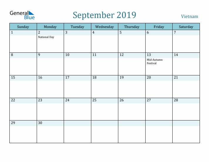 September 2019 Calendar with Holidays