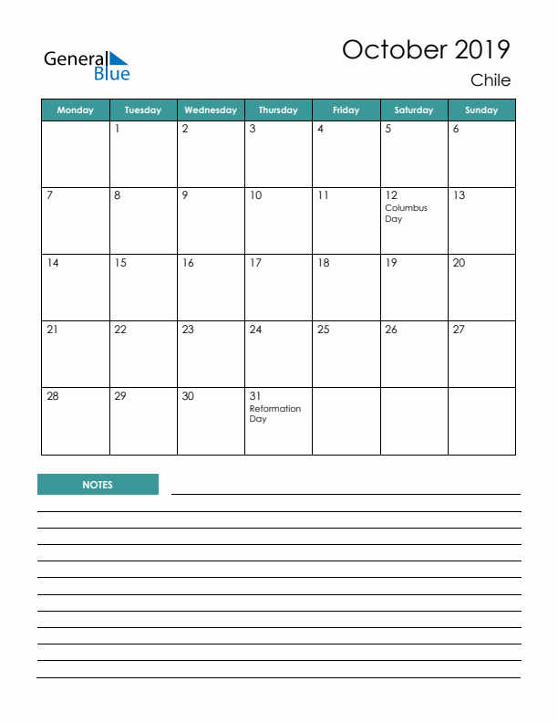 Calendar with Notes Printable - Monday Start