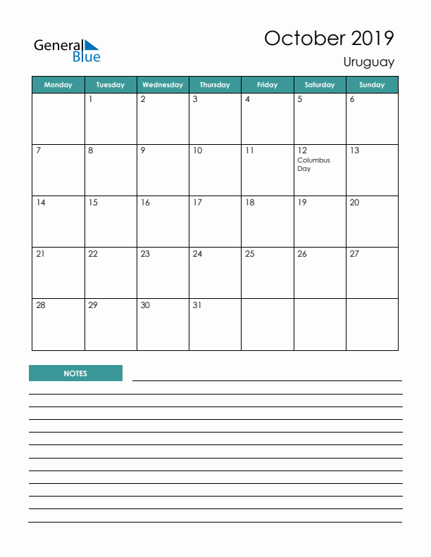 Calendar with Notes Printable - Monday Start