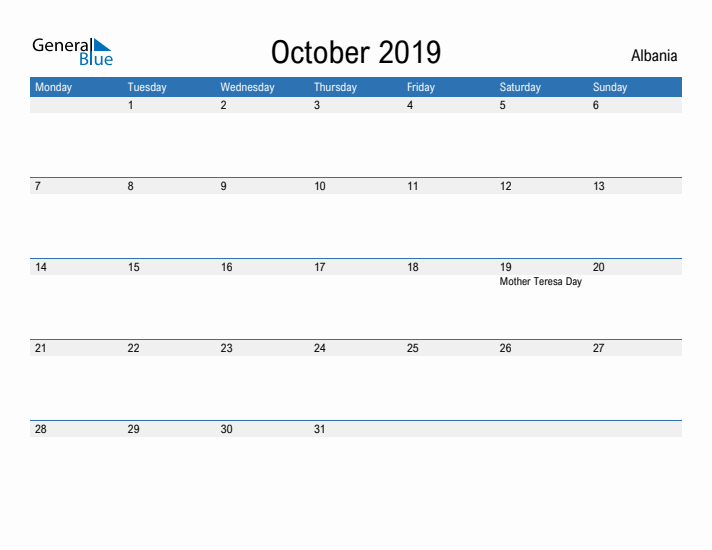 Fillable October 2019 Calendar