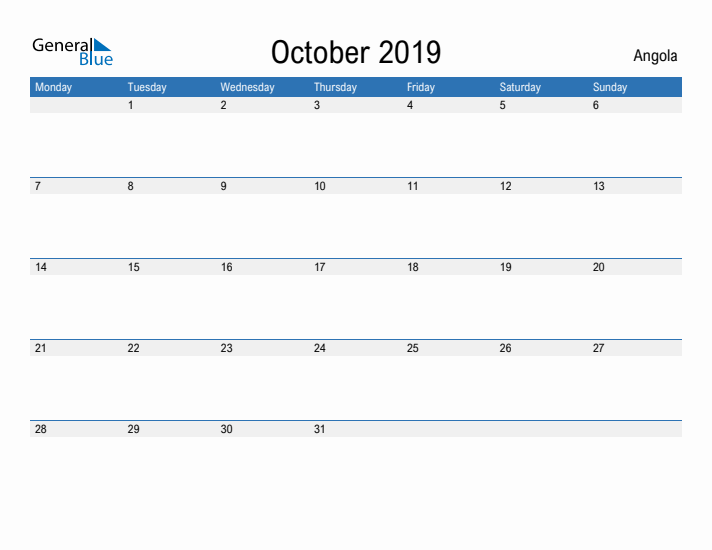 Fillable October 2019 Calendar