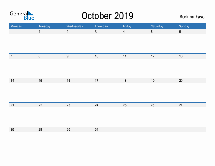 Fillable October 2019 Calendar