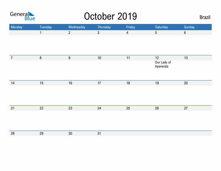 Fillable October 2019 Calendar