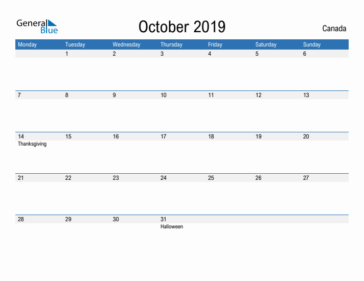 Fillable October 2019 Calendar