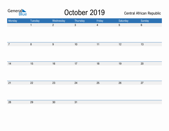 Fillable October 2019 Calendar