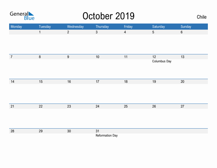 Fillable October 2019 Calendar