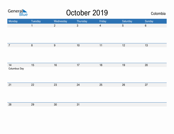 Fillable October 2019 Calendar