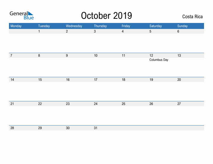 Fillable October 2019 Calendar