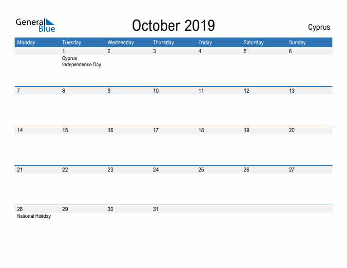 Fillable October 2019 Calendar