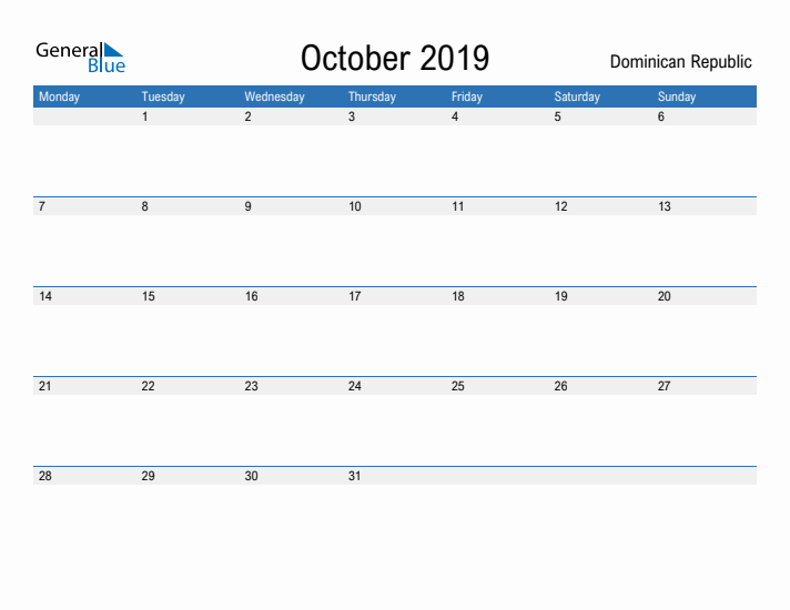 Fillable October 2019 Calendar