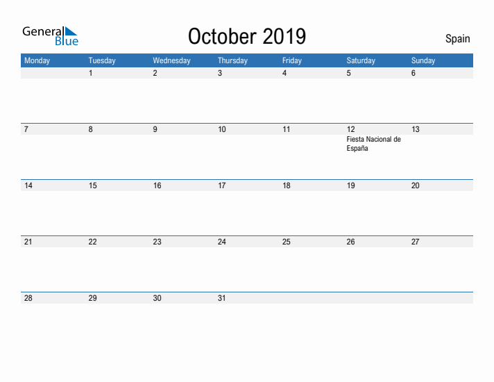 Fillable October 2019 Calendar