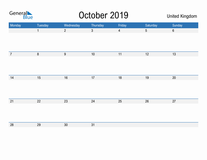 Fillable October 2019 Calendar