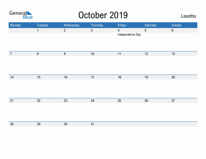 Fillable October 2019 Calendar