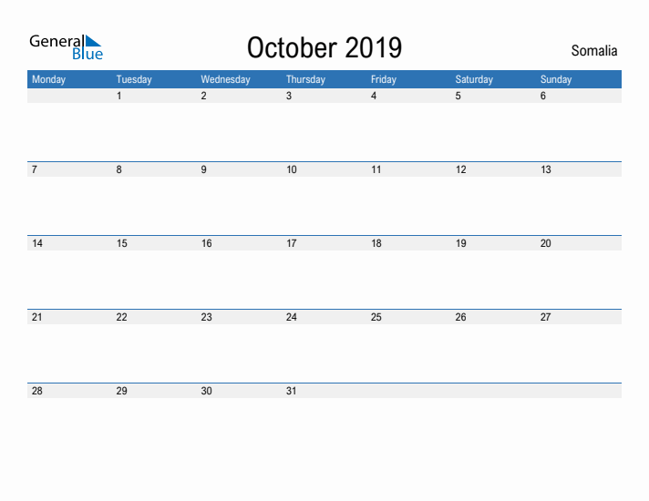 Fillable October 2019 Calendar