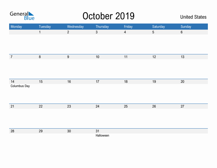 Fillable October 2019 Calendar