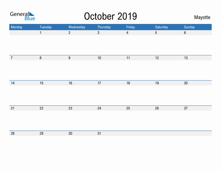 Fillable October 2019 Calendar