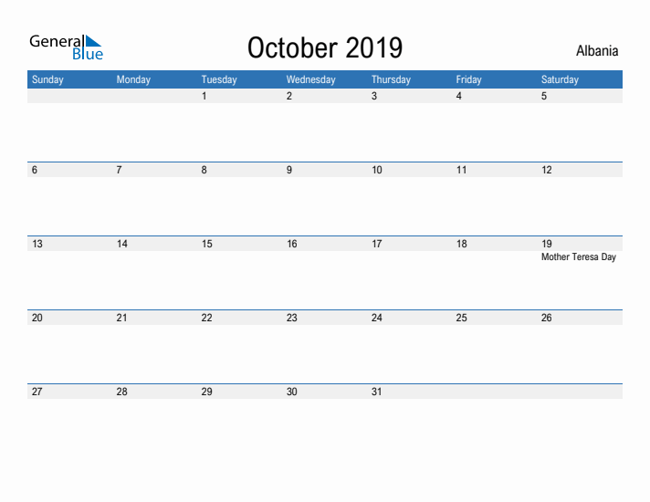 Fillable October 2019 Calendar