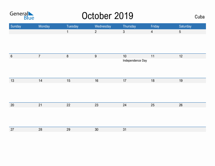 Fillable October 2019 Calendar