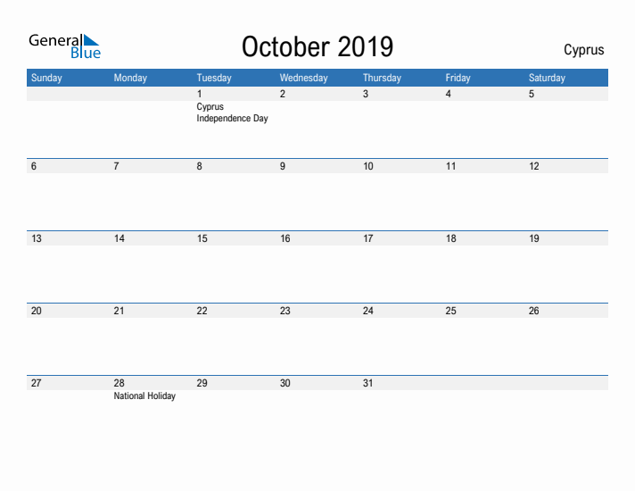 Fillable October 2019 Calendar