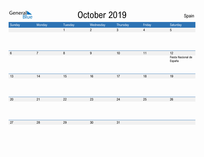 Fillable October 2019 Calendar