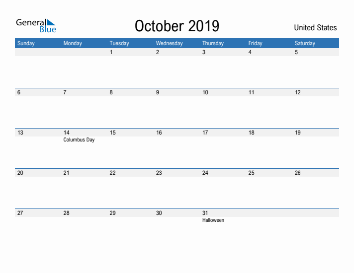 Fillable October 2019 Calendar