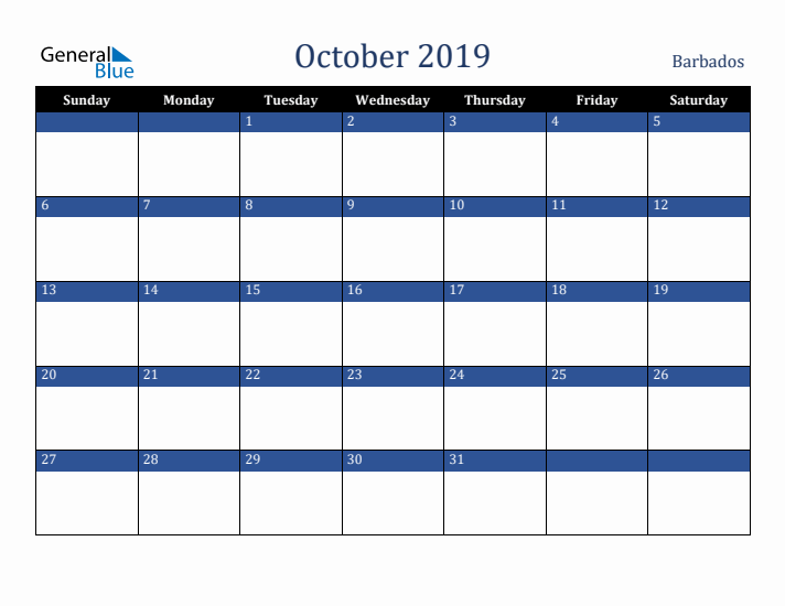 October 2019 Barbados Calendar (Sunday Start)