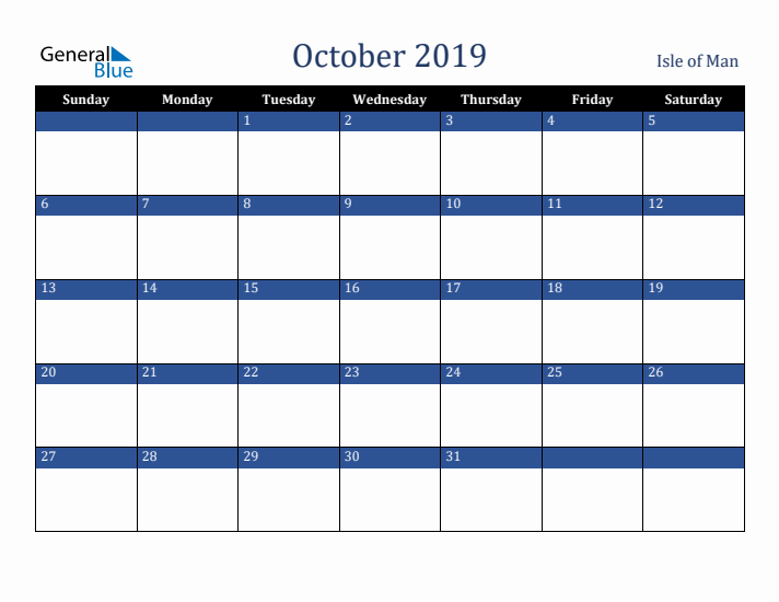 October 2019 Isle of Man Calendar (Sunday Start)