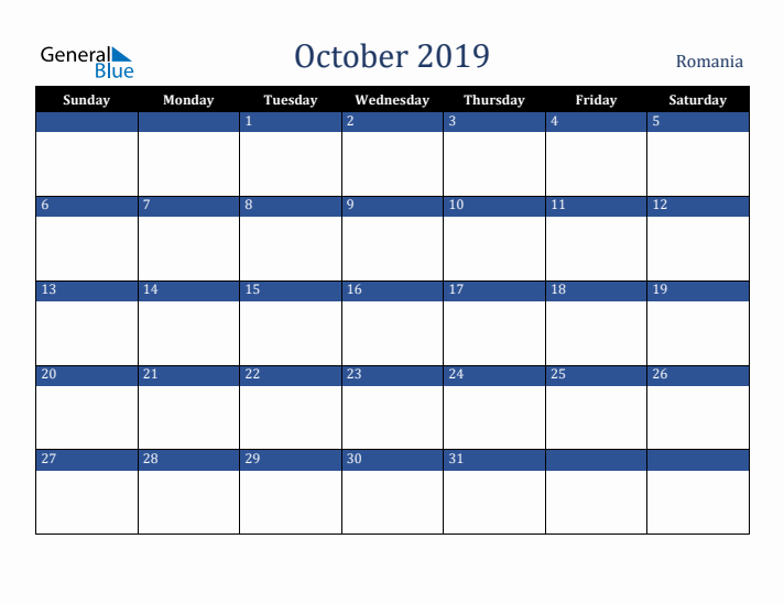 October 2019 Romania Calendar (Sunday Start)