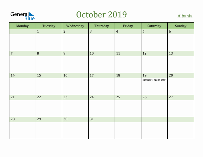 October 2019 Calendar with Albania Holidays