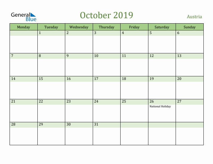 October 2019 Calendar with Austria Holidays