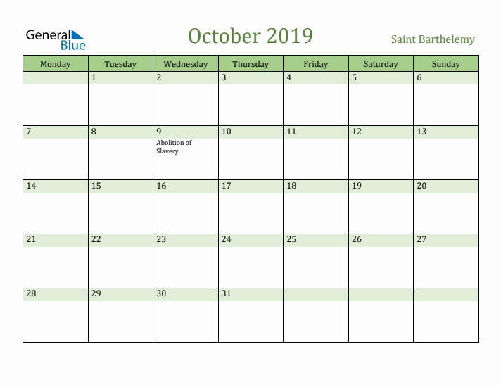 October 2019 Calendar with Saint Barthelemy Holidays