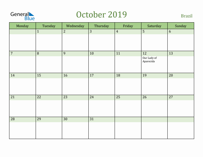 October 2019 Calendar with Brazil Holidays