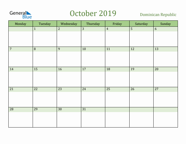 October 2019 Calendar with Dominican Republic Holidays