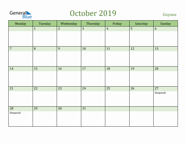 October 2019 Calendar with Guyana Holidays