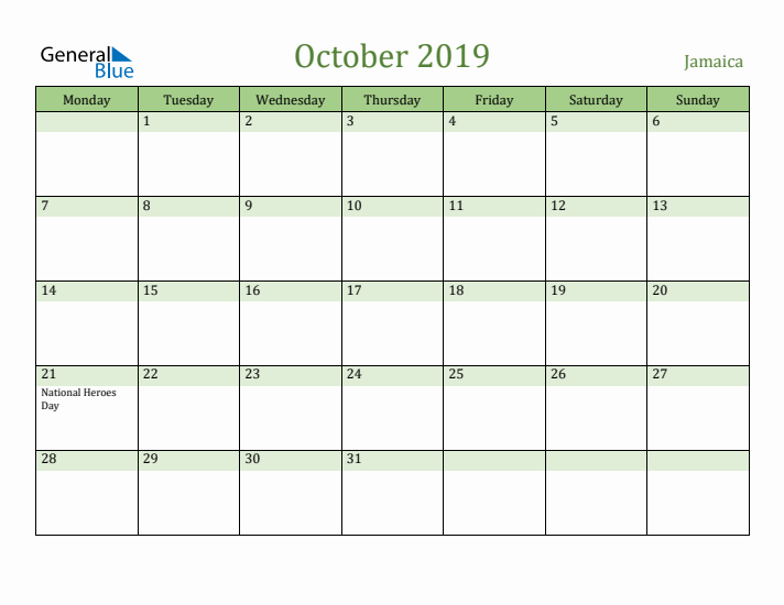 October 2019 Calendar with Jamaica Holidays