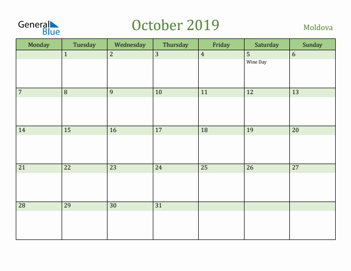 October 2019 Calendar with Moldova Holidays