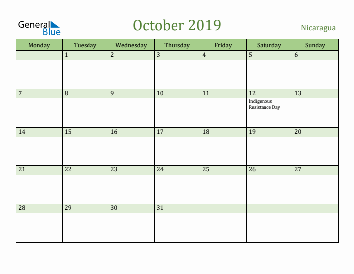 October 2019 Calendar with Nicaragua Holidays