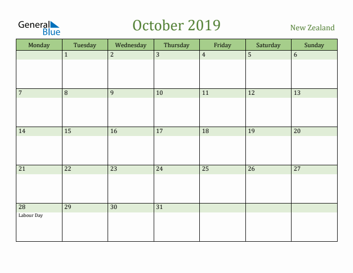 October 2019 Calendar with New Zealand Holidays