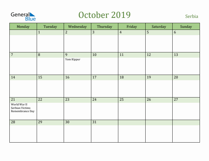 October 2019 Calendar with Serbia Holidays