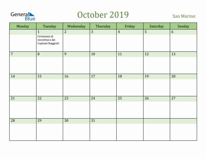 October 2019 Calendar with San Marino Holidays