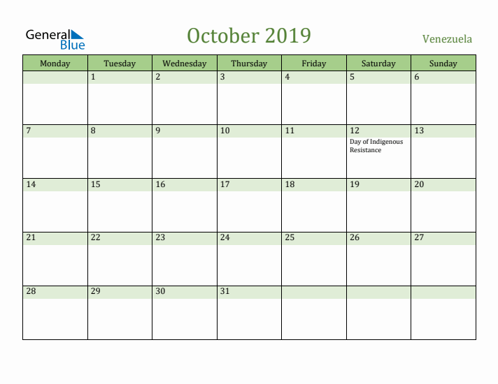 October 2019 Calendar with Venezuela Holidays