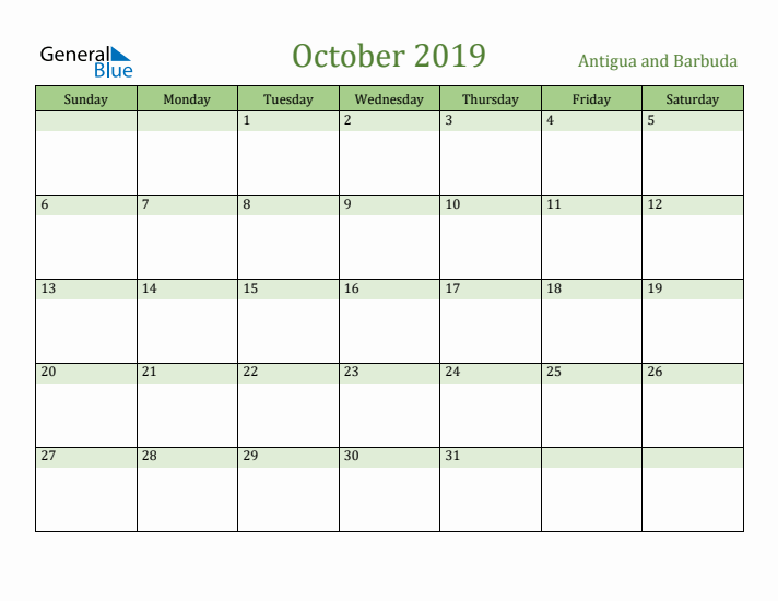 October 2019 Calendar with Antigua and Barbuda Holidays