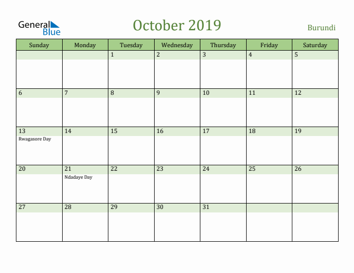 October 2019 Calendar with Burundi Holidays