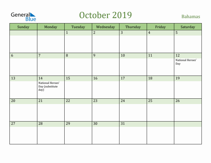 October 2019 Calendar with Bahamas Holidays