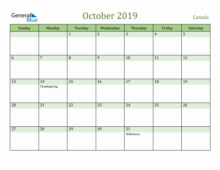 October 2019 Calendar with Canada Holidays