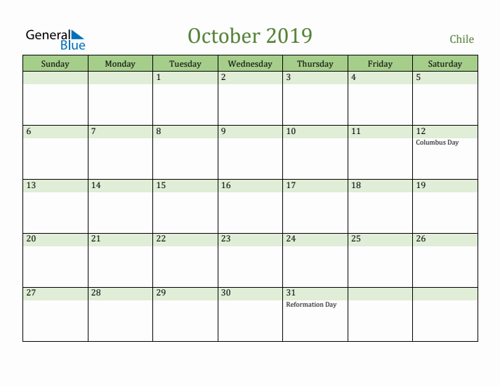 October 2019 Calendar with Chile Holidays