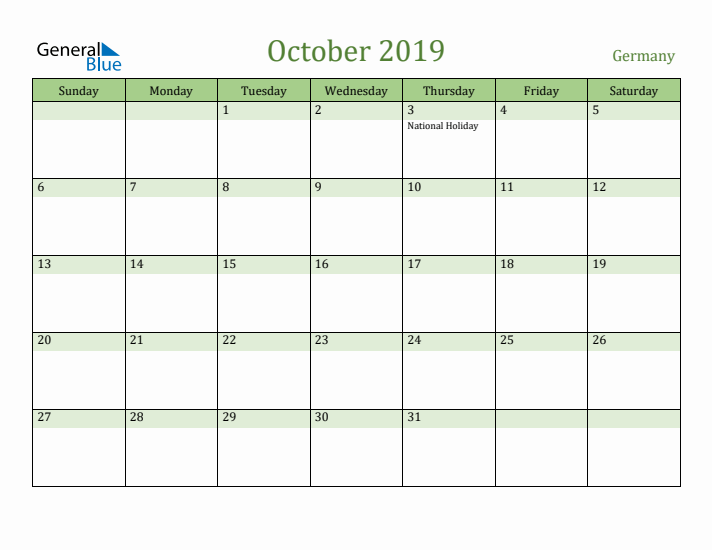 October 2019 Calendar with Germany Holidays