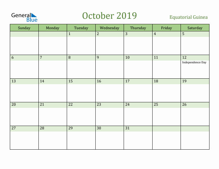 October 2019 Calendar with Equatorial Guinea Holidays