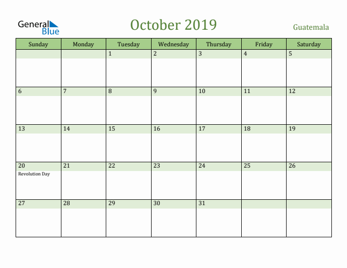 October 2019 Calendar with Guatemala Holidays